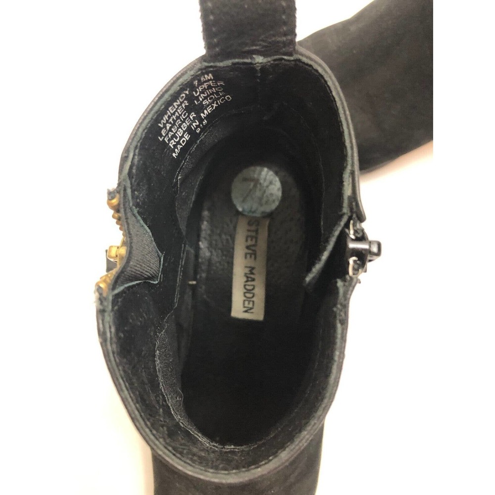 Steve Madden Boots Black Suede Leather Bootie Wood Block Heel 7.5 Gold‎ Details - Picture 10 of 11